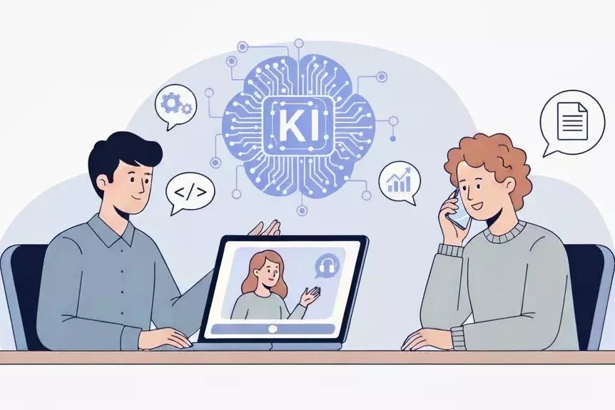 Illustration KI-Sprechstunde der Digitalagentur Sachsen: Zwei Personen an einem Tisch, eine videochattet per Laptop, die andere berät über`s telefon.