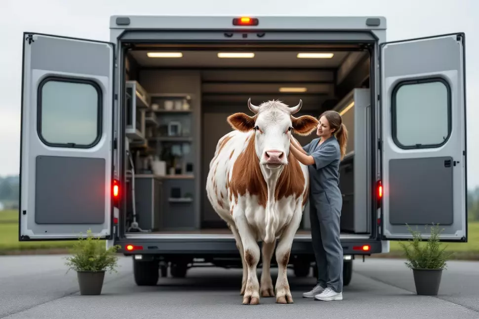 Kuh und Tierärztin vor einem Transporter, in dem eine mobile Tierklinik untergebracht ist.