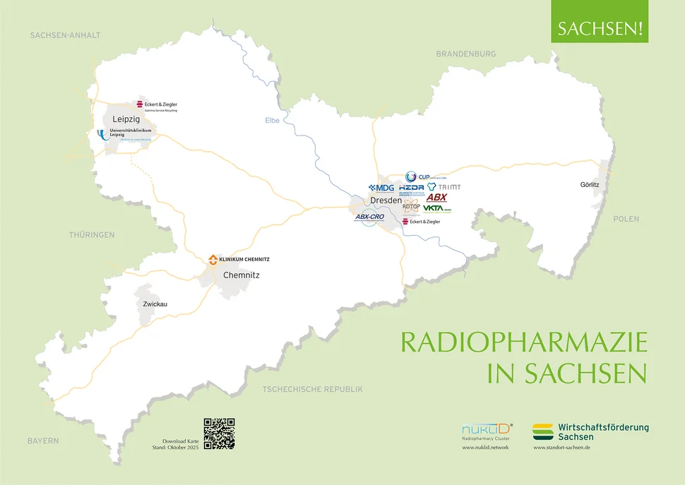 Sachsenkarte mit Logos ausgewählter Akteure der Radiopharmazie