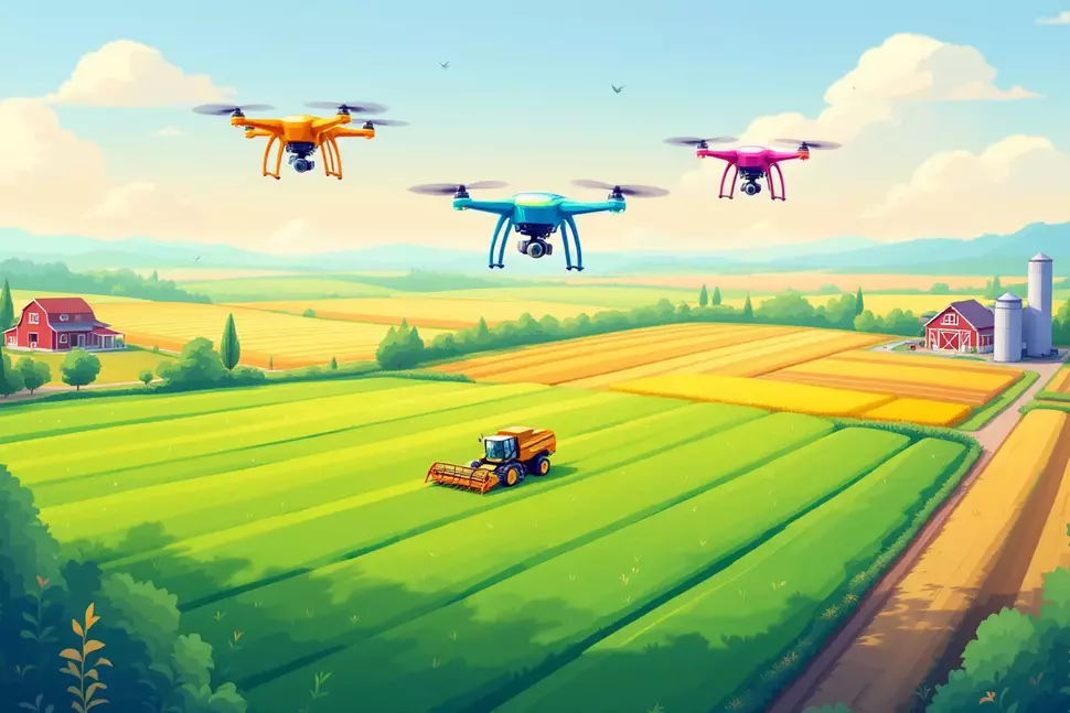 Illustration: Ein Boniturschwarm über einer Agrarlandschaft