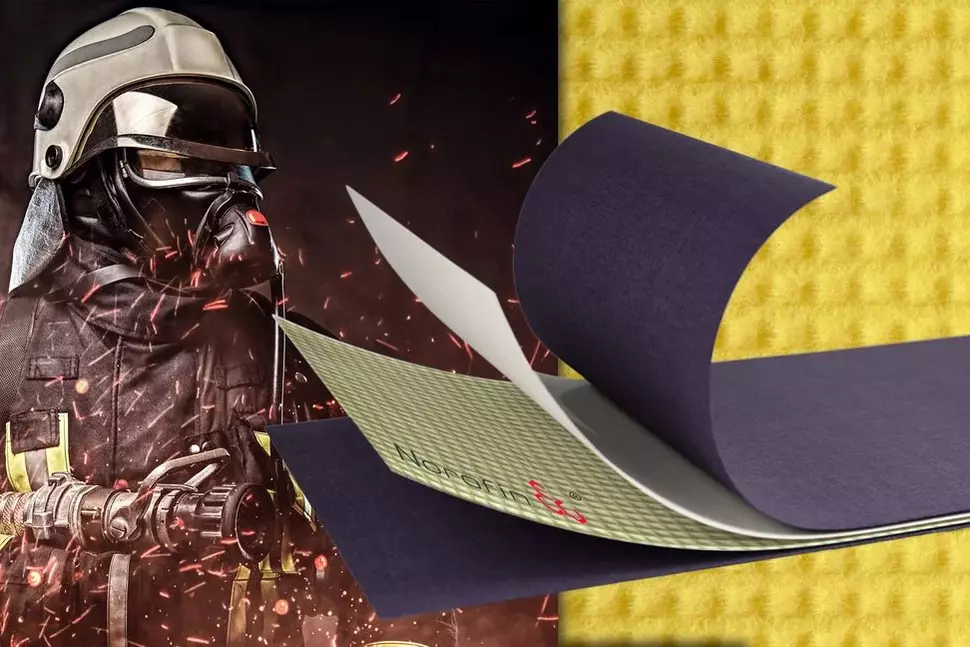 Feuerwehrmann in Hitzeschutzmontur und Blick auf die Schicht-Struktur des Schutzgewebes von Norafin