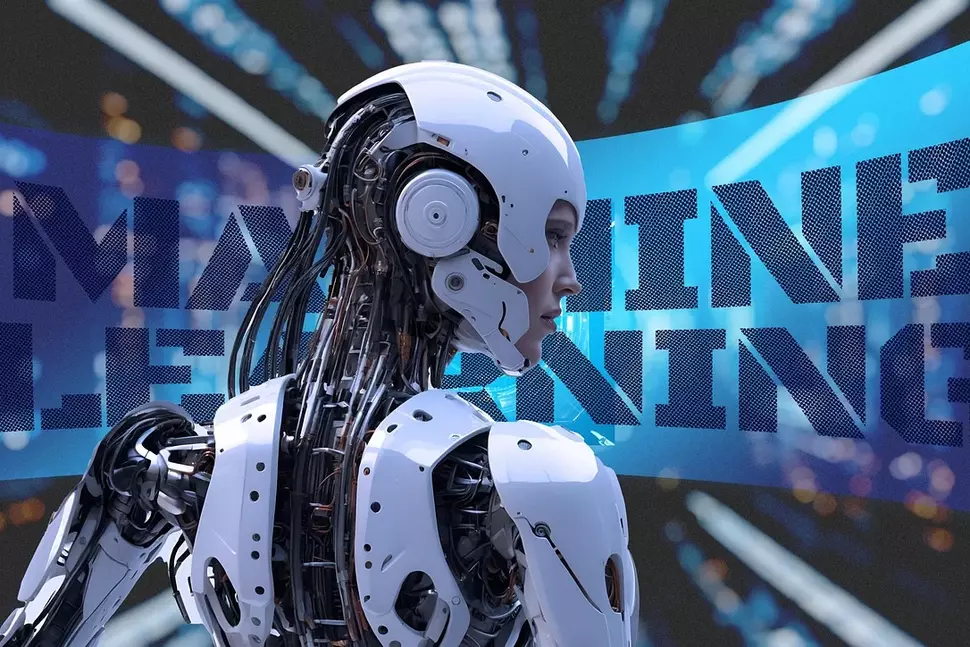 Roboter mit menschlischem Gesicht vor virtuelle Wand mit Aufschrift "Machine Learning"