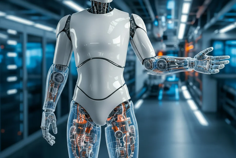 Torso eines humanoiden Roboters vor technischem Hintergrund