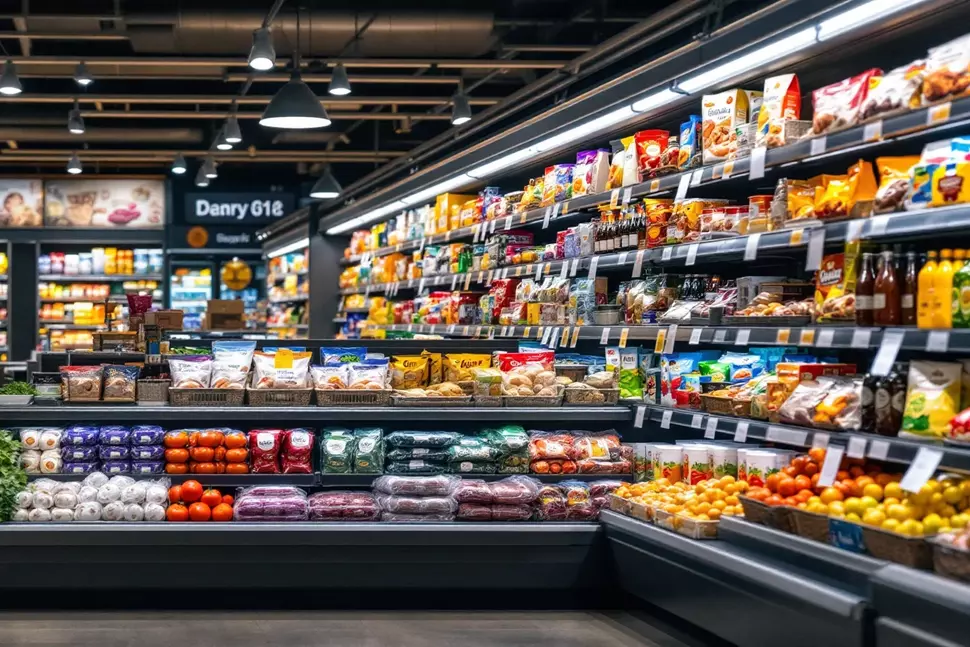Verpackte Lebenmittel in Supermarktregalen