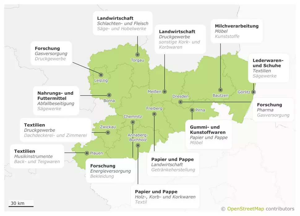 Karte: Potenzialbranchen der Bioökonomie in Sachsen (Quelle: OpenStreetMap contributors / DBFZ)