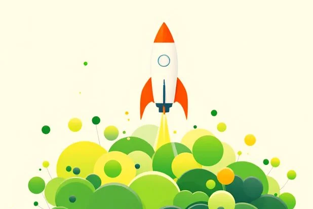 Illustration: Rakete startet mit Wolke aus SACHSEN!-grünen Farbtönen