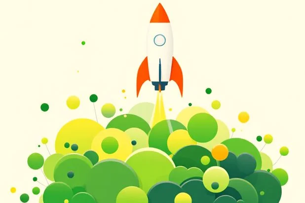 Illustration: Rakete startet mit Wolke aus SACHSEN!-grünen Farbtönen