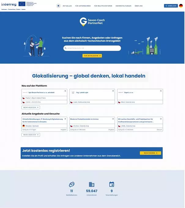 Screenshot Startseite der Plattform Saxon-Czech PartnerNet