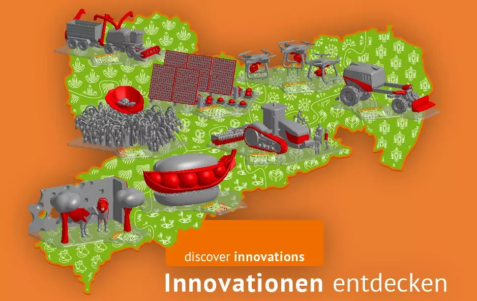 Ansicht "Entdeckermodul" AgriFood-Innovatiosprojekte in Sachsen (3D, Sachsen-Umriss mit 3D-Objekten)