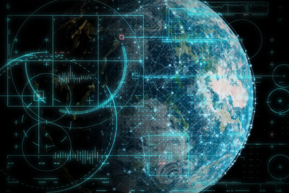 Visualisierung Satellitenkommunikation (Erde vom Weltall aus mit dargestellten Kommunikationsströmen)