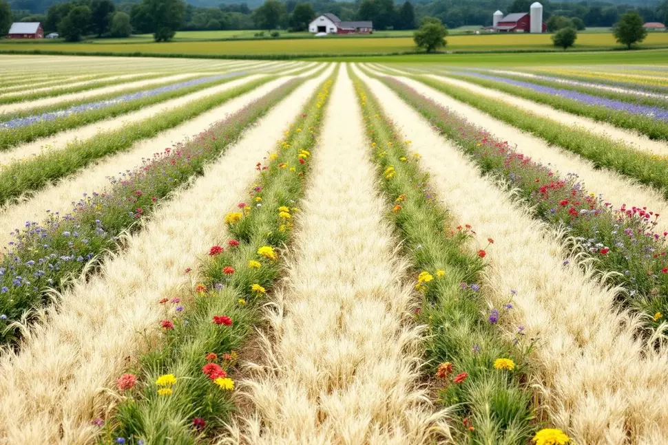 Illustration: Ein Haferfeld mit gezielt eingesäten, blühenden Beipflanzen kombiniert. 