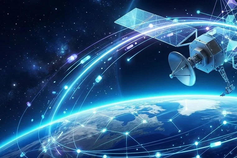 Visualisierung Satellitenkommunikation (ein Satellit über dem Erdball mit Kommunikationsströmen)