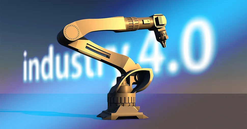animierter Roboterarm vor leuchtendem Schriftzug "indstry 4.0"