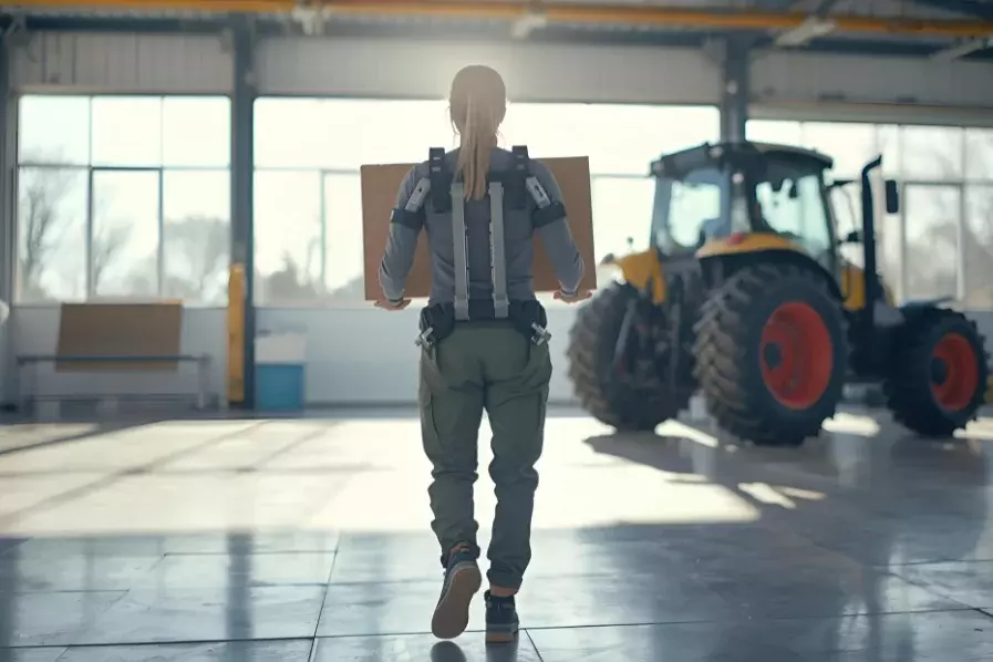 Schmuckbild AgrarTreff (Rückenansicht Frau mit Exoskelett vor Traktor)