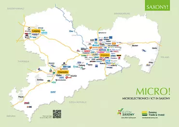 Map of Saxony with logos of selected companies in the ICT / microelectronics sector in Saxony